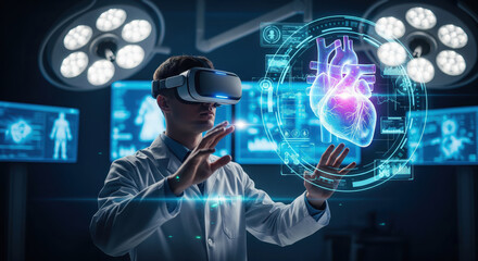 Man with vr headset examining heart hologram in operating room, doctor wearing virtual reality glasses for medical analysis and futuristic technology