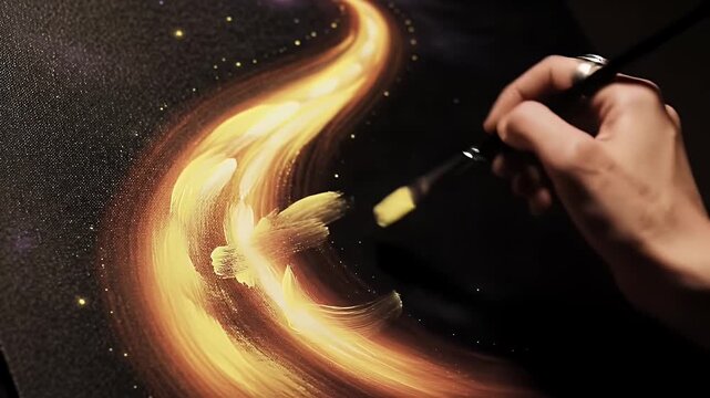 Painting Yellow Stream of Light on Dark Canvas with Paintbrush in Hand Close Up