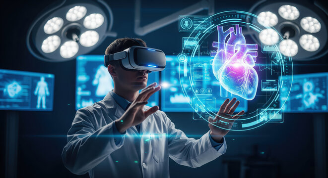 Man with vr headset examining heart hologram in operating room, doctor wearing virtual reality glasses for medical analysis and futuristic technology - Powered by Adobe