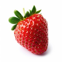 Single, vibrant red strawberry with green leaves (55)