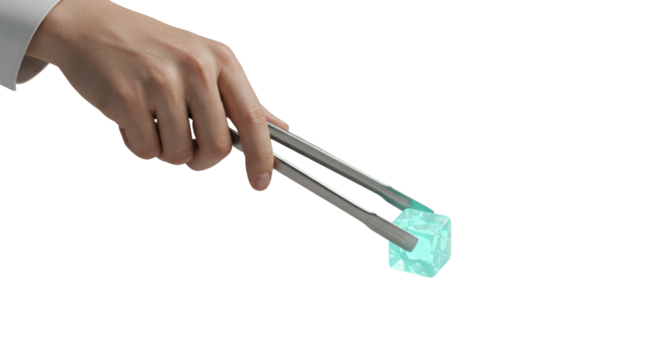 A fair-skinned hand in a crisp shirt cuff, precisely lifting a small, glowing teal data cube with sleek stainless steel tongs from a blurred minimalist grey surface, concept of strategic