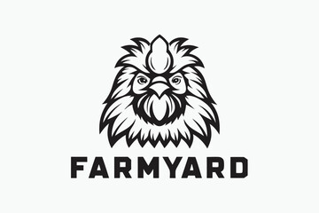 Decorative Chicken Head Logo Design With Farmyard Text On White Background