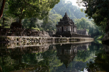 Ancient temple on the river bank with calm water reflection, peaceful and spiritual atmosphere