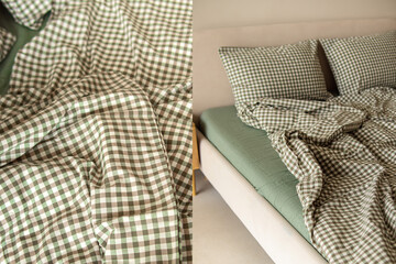 Green checkered bed linen made of boiled cotton. Bed linen in two angles. Fabric texture closeup