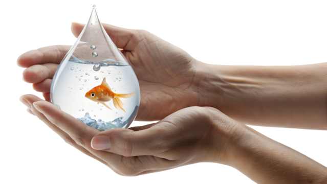 “World Water Day – Human Hand Holding Water Drop with Fish Inside, Symbol of Water as Life, Isolated PNG on White Background”