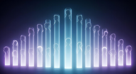 Abstract digital network of human profiles in glowing pillars representing personal data, AI analysis of a digital population, futuristic personal data visualization with human silhouettes.