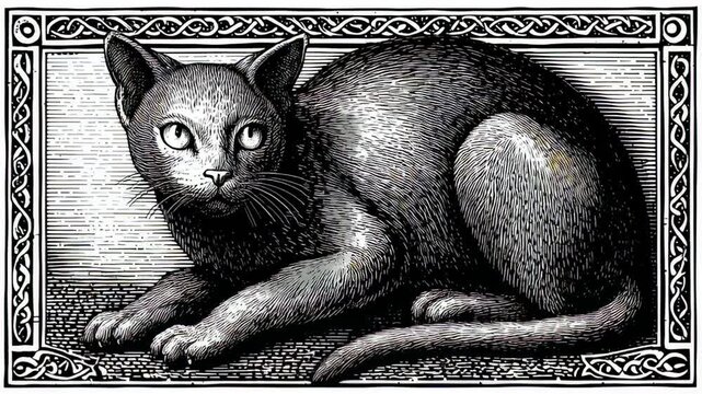 A drawing of a black cat is presented in a vintage decorative framed style, featuring an intricate engraving pattern of the domestic animal.