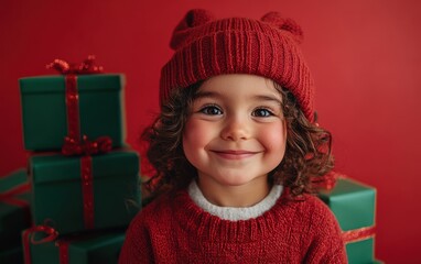 Adorable child in red knit hat smiling joyfully amidst Christmas gifts, creating a warm festive atmosphere