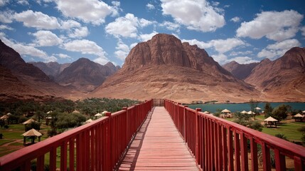 Fototapeta premium Wooden walkway with red railing overlooking a desert valley and lake.