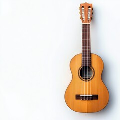 Wooden ukulele against a plain white background