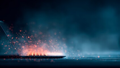 Fototapeta premium Laptop, fire, sparks, dark, moody