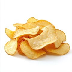 Pile of golden-brown potato chips, slightly unevenly layered, against a white background