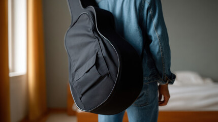 Person carrying guitar case in room with bed and window light, casual denim outfit, warm atmosphere, music lifestyle