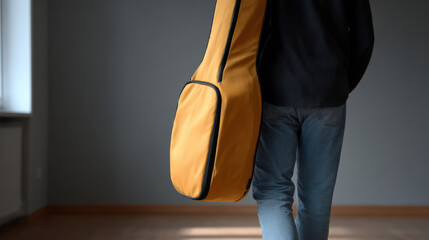 Obraz premium Young male carrying yellow guitar case and backpack walking indoors with casual jeans and dark sweater in dim room