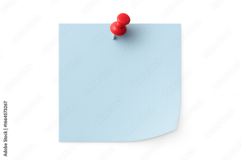 Aufkleber light blue sticky note affixed with red push pin, presenting clean design for memo placement against