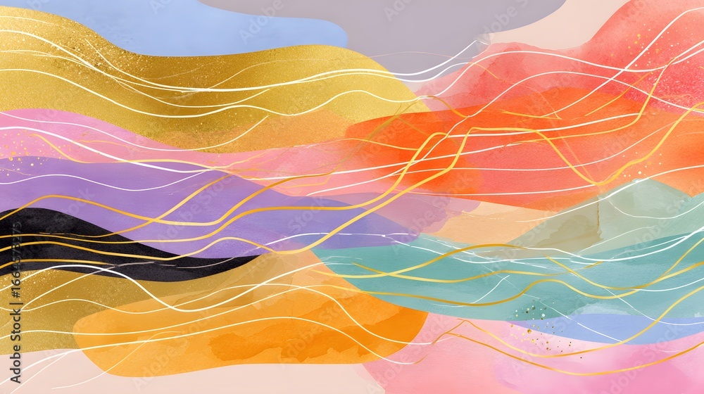 Poster colorful abstract waves in vibrant tones with dynamic lines and fluid patterns