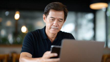 Middle aged Asian man in black polo shirt using smartphone and laptop with focused expression in modern indoor setting
