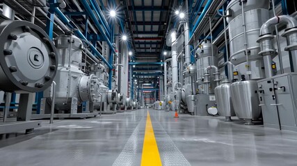 The interior of a modern, clean industrial factory or power plant with a shiny floor and complex machinery, pipes, tanks, and pumps lined up along a central walkway.