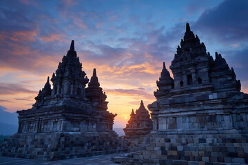 A magnificent ancient temple with large stone steps, a sunset atmosphere with a golden orange sky