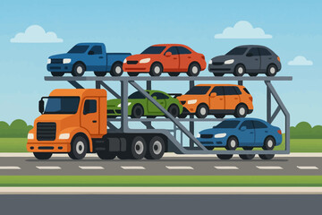 illustration of a car carrier truck transporting six vehicles