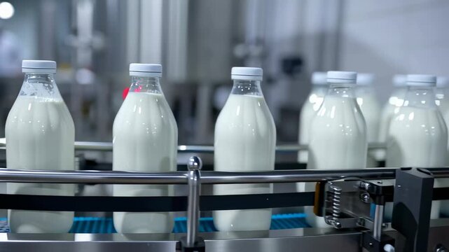 Glass bottles filled with white milk are transported along a conveyor belt in an industrial dairy factory, representing the manufacturing and commercial production of food.