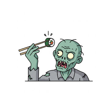  Zombie eating sushi with chopsticks awkwardly. flat icon ilustrator