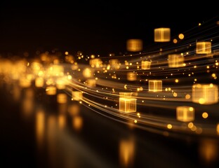 Golden cubes stream through a dark field of light