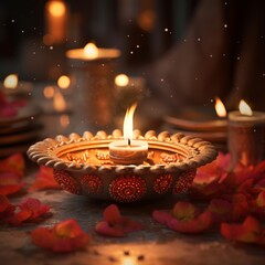 Ornate Indian diya lamp burning flame festive setting bokeh