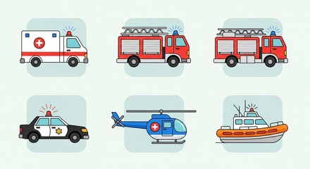 A collection of six emergency service vehicles including an ambulance, two fire trucks, a police car, a helicopter, and a rescue boat.