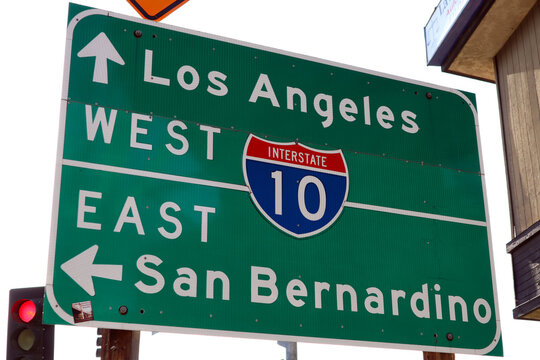 Road Sign: Interstate 10 Entrance Sign Showing West to Los Angeles and East to San Bernardino, California