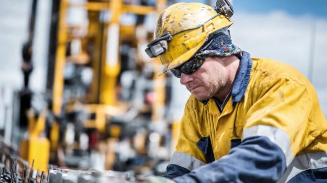 Focused Workforce: An industrious worker, wearing a protective helmet, diligently oversees the complex machinery with resolute focus, embodying dedication and precision in their field.