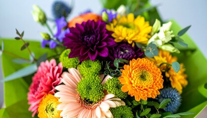Vibrant bouquet of colorful flowers in a close-up view, showcasing various shades and textures.