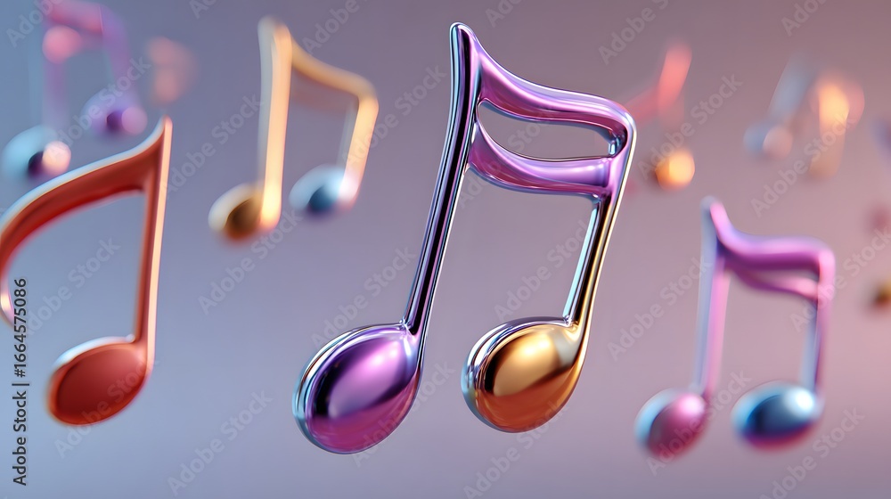 Poster colorful musical notes floating in an abstract background with soft gradient hues