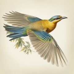 Flying elegant yellowish blue bird with foliage isolated on off-white