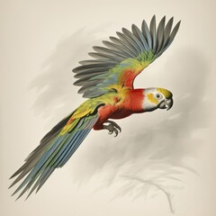 Flying red-faced parrot with colorful plumage isolated on light background