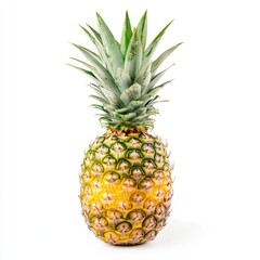 Single pineapple, yellow-gold skin, vibrant green leaves, isolated white background