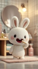 Un adorable conejito blanco cepillándose los dientes en un baño acogedor.