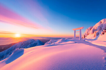 A breathtaking and spiritual image of a majestic white celestial gate standing atop snowy mountains at a brilliant sunrise