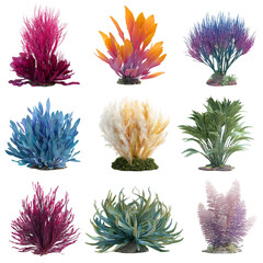 Vibrant Artificial Aquarium Plants: Nine Colorful, Realistic Seaweed and Coral Decor Set, Isolated on Transparent Background