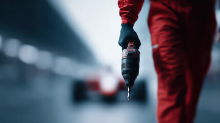 Corded power drill held by person wearing red coveralls and black gloves in blurred garage setting, evoking focus and readiness