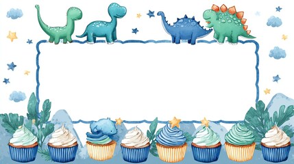Baby milestone photography - Cute Dinosaur and Cupcake Border Illustration for Kids' Celebrations perfect for baby posters, invitations, or nursery decor