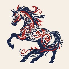 Stylized ornate horse with decorative tribal patterns in red and dark blue