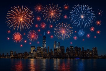 Fototapeta premium New Year fireworks over the skyline of New York City, colorful explosions lighting up the night sky, background