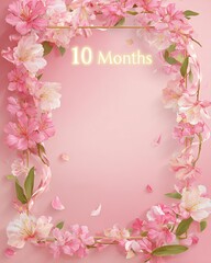 Baby milestone photography - Elegant Floral Frame with Pink Blossoms and '10 Months' Text perfect for baby posters, invitations, or nursery decor