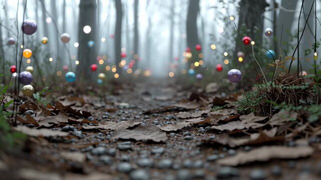 A foggy forest path is lined with glowing multi-colored orbs that are floating and illuminating the woods with magical lights on a misty morning.