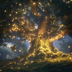 Huge mystical tree with luminous golden fireflies in a dark forest
