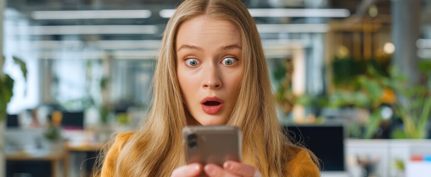 The young woman reacting in surprise to a message on her smartphone in office