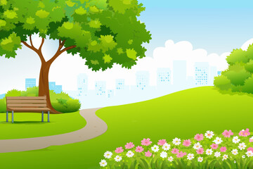 A park with a bench and tree overlooking the city skyline
