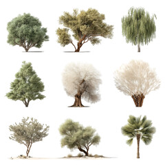 Collection of Nine Realistic 3D Rendered Desert Trees   Various Species,  Neutral Color Palette,  Architectural Visualization, Isolated on Transparent Background © Sakib G