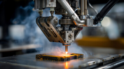 Advanced robotic arm operating a 3D printer, creating complex parts with layered in real time within modern printer